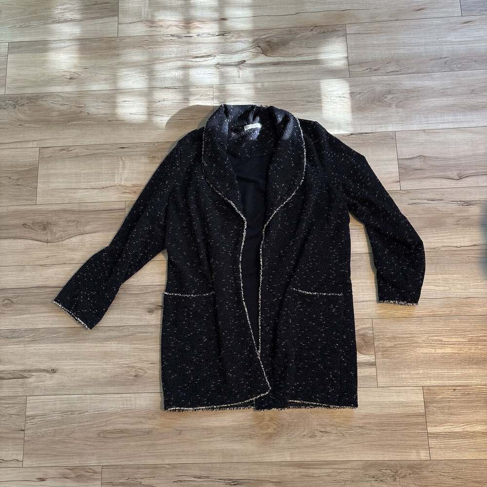 Max Studio Women's Black Tweed Open Front Fringe Cardigan Sweater Jacket